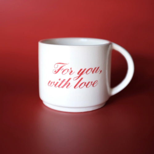 White mug with 'For you, with love' text on a red 